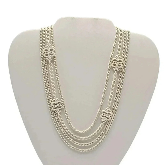 Monet White Enamel Chain Multi Strand Necklace Hook Closure Gold Tone Vintage - Picture 1 of 7